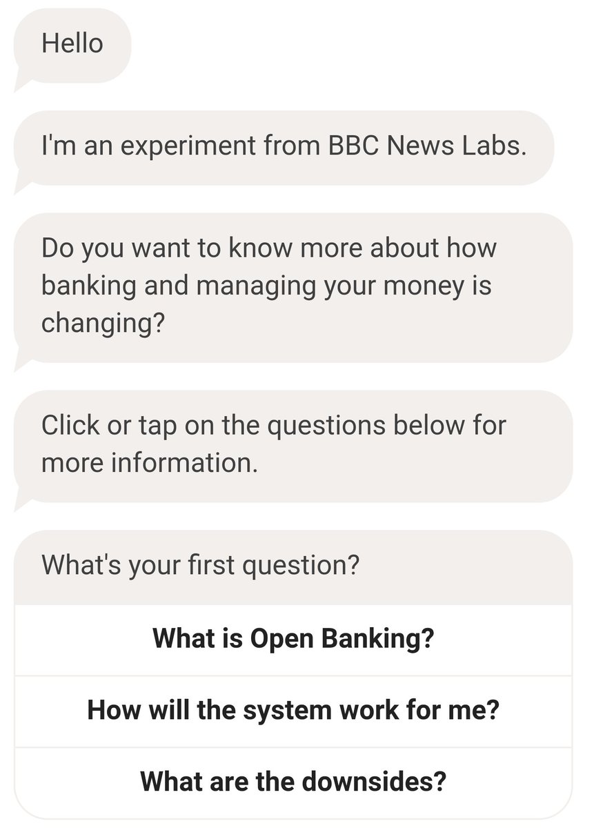 LaurenceDurnan's tweet photo. Clever from @BBC_News_Labs. Bot unfurls FAQ style news content. https://t.co/ctiSuVUWWc