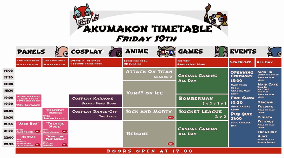 Akumakon's tweet photo. TIMETABLE IS NOW LIVE. Featuring panels form @JoshGrelle @Yasuharah @EyePatchWolf @MasakoX @ThelemaTherion @LeslieIsabelP and of course our lovely volunteer panelists.

There will also be events such as the pub quiz and charity auction in @SultNUIGalway 

EXCITEMENT!! https://t.co/8GmSdWTtNw