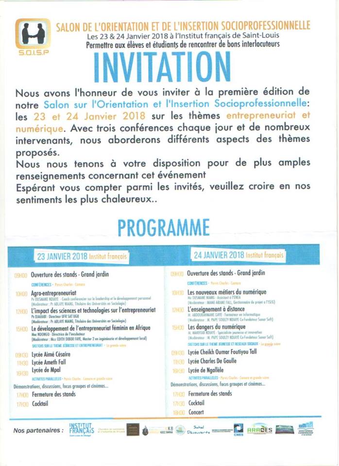 ContactUnapees's tweet photo. #Kebetu #Senegal #Education Salon de l'Orientation et de l'Insertion Socioprofessionnelle les 23 et 24 janvier 2018 à l'Institut Français avec la collaboration du #CAOSP de #SaintLouis https://t.co/mSN9MsFCNt