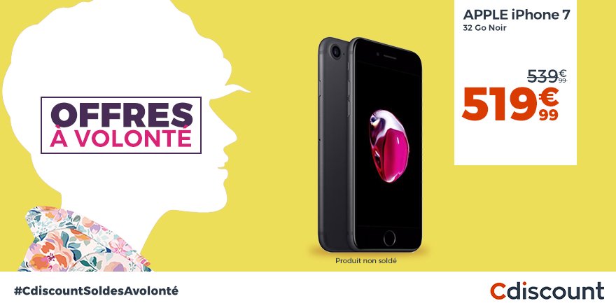 Cdiscount's tweet photo. 🎉 SOLDES À VOLONTÉ

🔸 #iPhone7 32Go à 519,99€ > https://t.co/CIgUUOR35p

#CdiscountSoldesAVolonte #Soldes2018 https://t.co/BnyF4KHH58