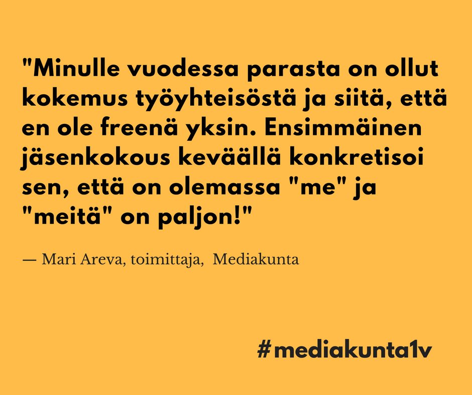 mediakunta's tweet photo. Mediakunnan 1-vuotissyntymäpäivän kunniaksi, pyysimme jäseniämme jakamaan parhaat muistonsa kuluneelta vuodelta.  Tässä kyselymme satoa. 

Mikä oli sinun paras Mediakunta-hetkesi viime vuonna? Kommentoi tunnisteella #mediakunta1v https://t.co/BXilwzB8qb