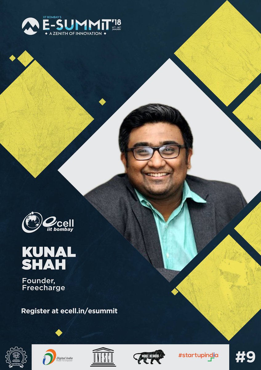 ecell_iitb's tweet photo. Next in the speaker series is Kunal Shah (@kunalb11), the Founder &amp; ex-CEO of @FreeCharge, who dropped out of MBA program &amp; chased his dream of setting up an enterprise.
Catch him live at E-Summit 2018. Register at https://t.co/r9fg3bloZ3
#Summit2018 https://t.co/xO13qquAR2