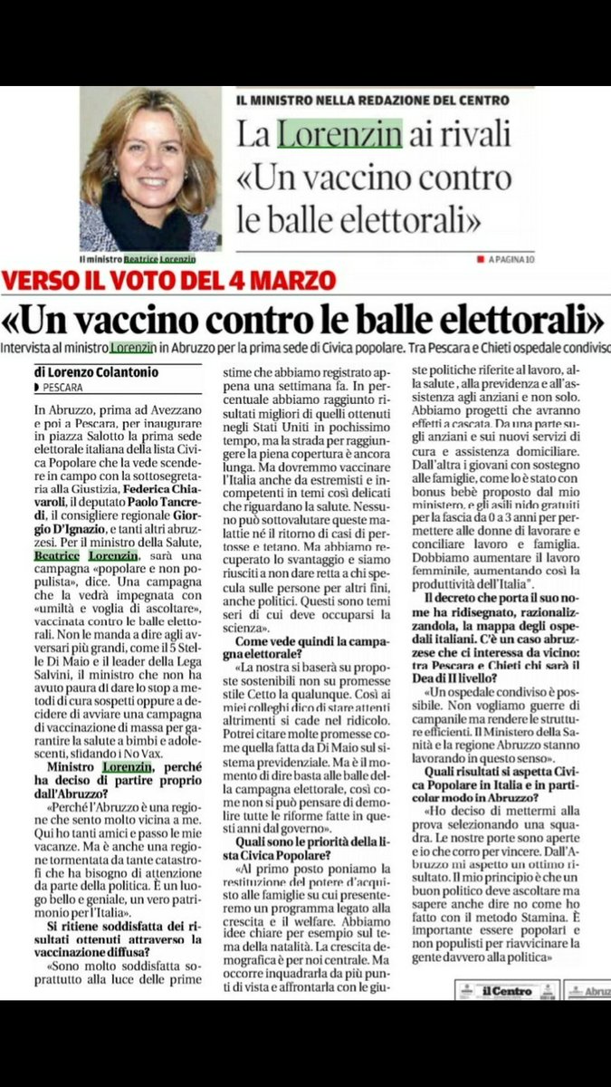 Intervista di <a href="/BeaLorenzin/">Beatrice Lorenzin</a> a @Il_centro: "Un #vaccino contro le balle elettorali". #vaccinocontroincompetenti