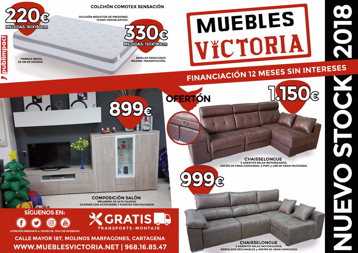 MuebleVictoria's tweet photo. 🎊Feliz Año🎉 Comenzamos con mucha fuerza 💪 y ganas de complacer a todos nuestros clientes 👨‍👨‍👧‍👧. Ven a visitarnos y veras como la calidad no es cara 💶 en Muebles Victoria 🏘️
#muebles #nuevostock2018 #cartagena #promoción

https://t.co/nQJk2YCL7T https://t.co/FBVLmmEkd5