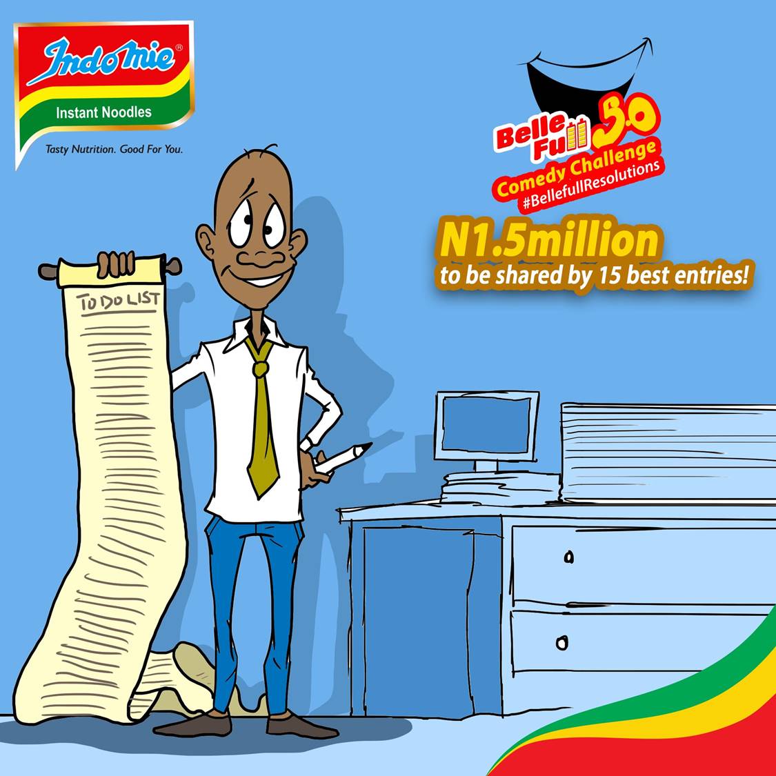 IndomieNigeria's tweet photo. Share your funny video skit on how you didn't stick to your New Year Resolutions on your social media page and remember to use the hashtag #BellefullResolutions5. https://t.co/QNCeDmXvDC