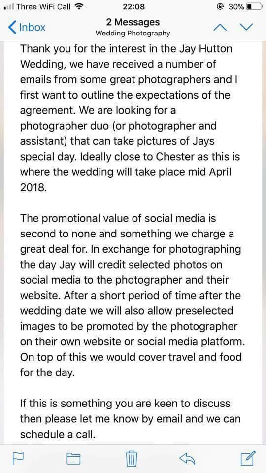 FMSTEPHENSONWED's tweet photo. @JayHuttonn Try paying for another artists skill &amp; talent exposure does not pay bills ! #disgusting can’t believe I’m reading this from a fellow tog https://t.co/HmP50Dt8Zg