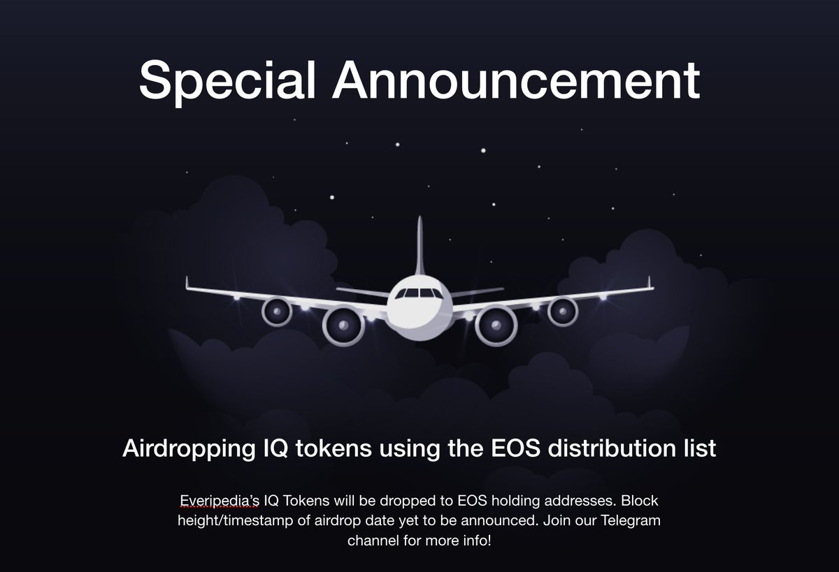 EOSIO's tweet photo. @Everipedia Announces the IQ Token will be airdropped to EOS Distribution Token Holders #EOS https://t.co/Cq8BP6I5fq