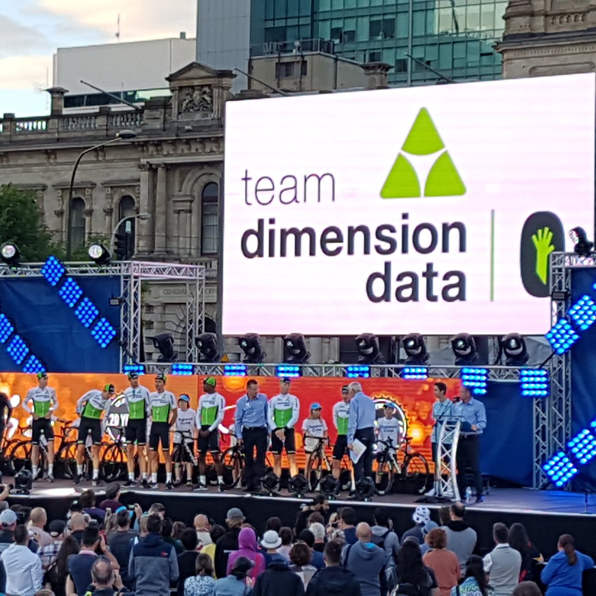 dougryd's tweet photo. Great team presentation @tourdownunder @TeamDiData looking fresh in new green and white kit @oakley #BicyclesChangeLives https://t.co/TBIMgKSHgv