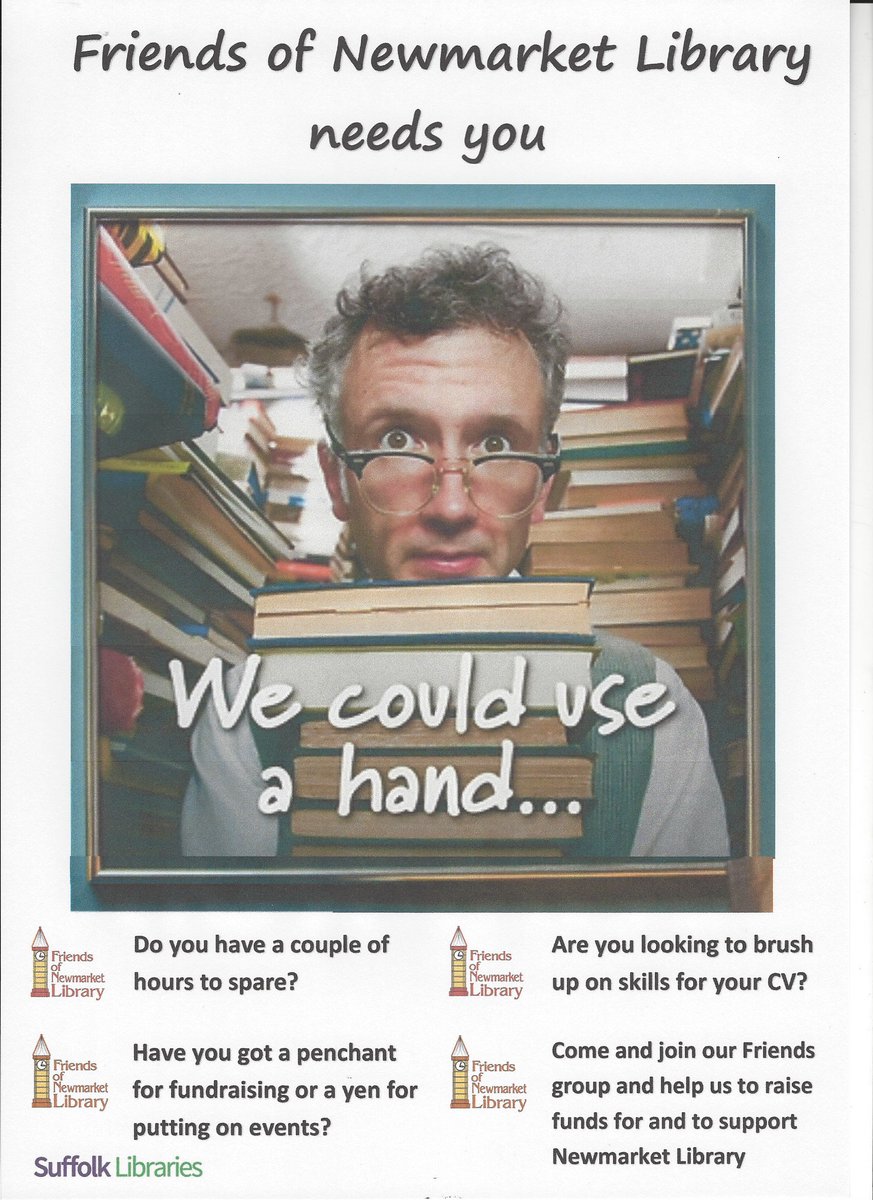 Can you help? We're looking for people to join our Friends group. Pop in to find out more. Next meeting Wednesday 7th February at 10.30am. Come along. Everybody welcome. <a href="/NewmarketLib/">Newmarket Library📚</a>. @SuffolkLibrary <a href="/GuineasShopping/">The Guineas Shopping</a> <a href="/LoveNewmarket/">Love Newmarket</a>
