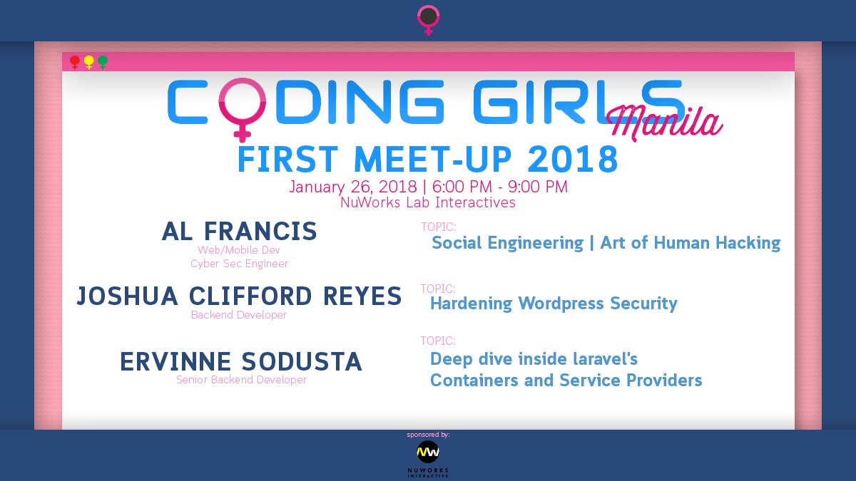 alenna_dawn's tweet photo. Fun tech talks in our first meetup for this year. Will be your co-MC for the upcoming @CodingGirlsCom Manila event. See you there!

#WomeninSTEM #CodingGirls #WomeninTech #DrupalChix #Drupal #Wordpress #Laravel #Hacking https://t.co/snsHHWajwI