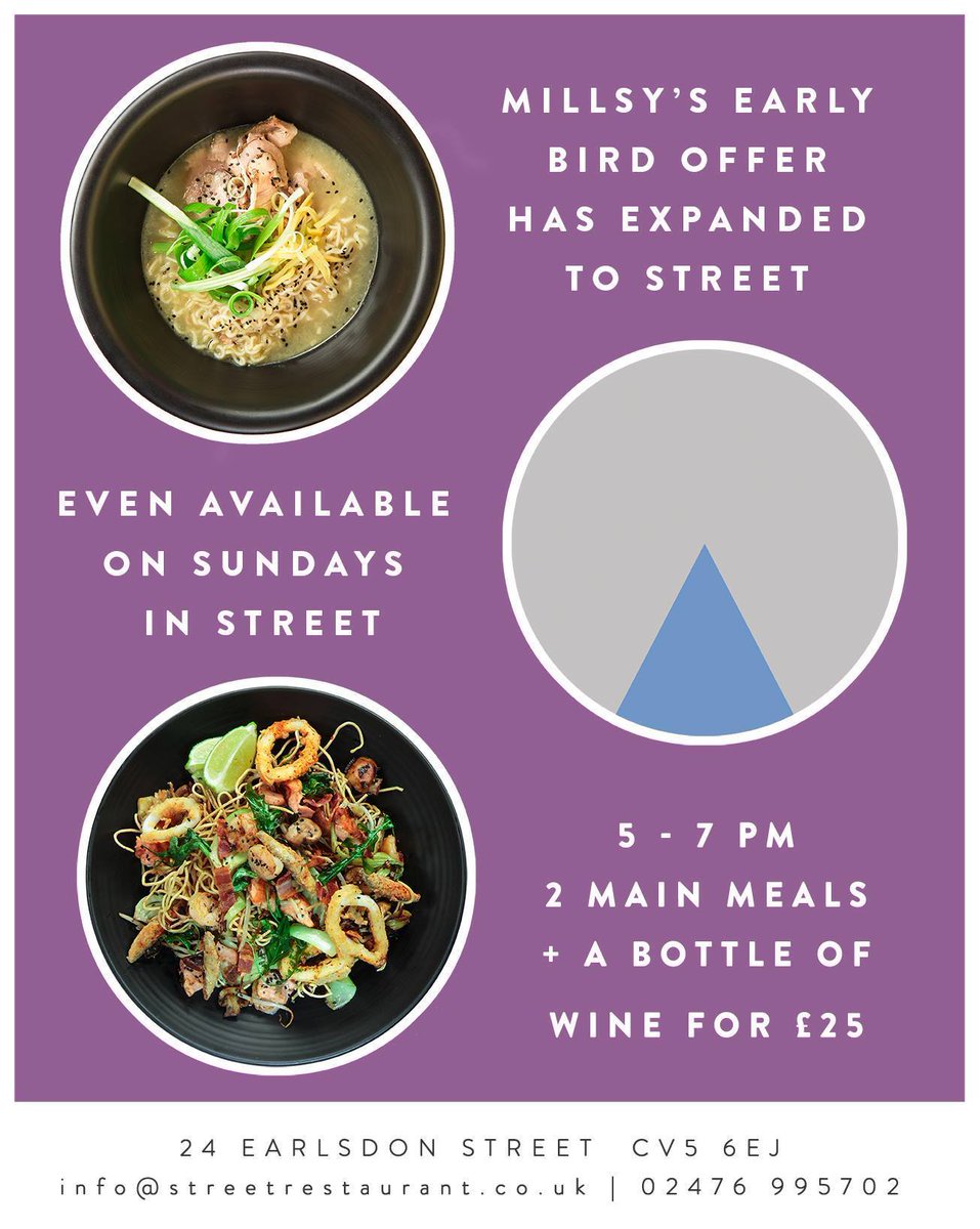 STREET EARLY BIRD
Everyday from 5pm - 7pm
Two main meals &amp; a bottle of wine = £25

streetrestaurant.co.uk/menus/StreetFo…

02476 995702 | 24 EARLSDON ST. CV5 6EJ