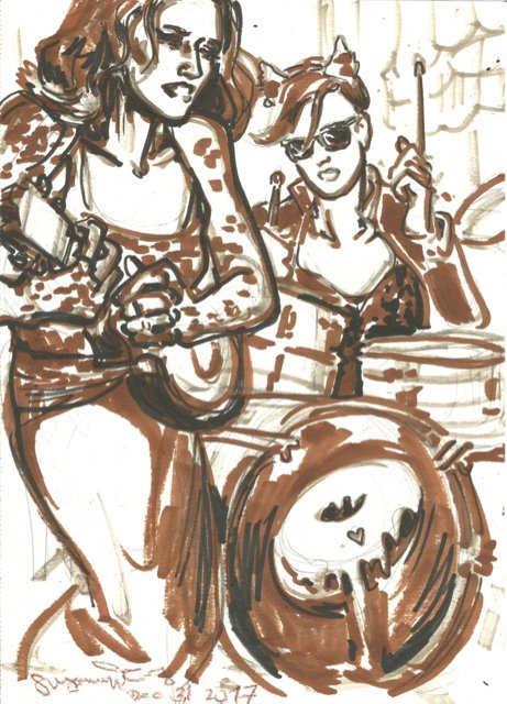 Donut_Heart's tweet photo. Here's a great drawing from our rockin' New Year's Eve show with the Sunday Slips crew at Lagari featuring @alfred_ladylike on ukulele and @RAH_HELL on drums. This is another creation by the lovely @slurketta, whom you can support on Patreon: https://t.co/CRUn6CG5GL #ukerock #uke https://t.co/zeaDhkvOKa