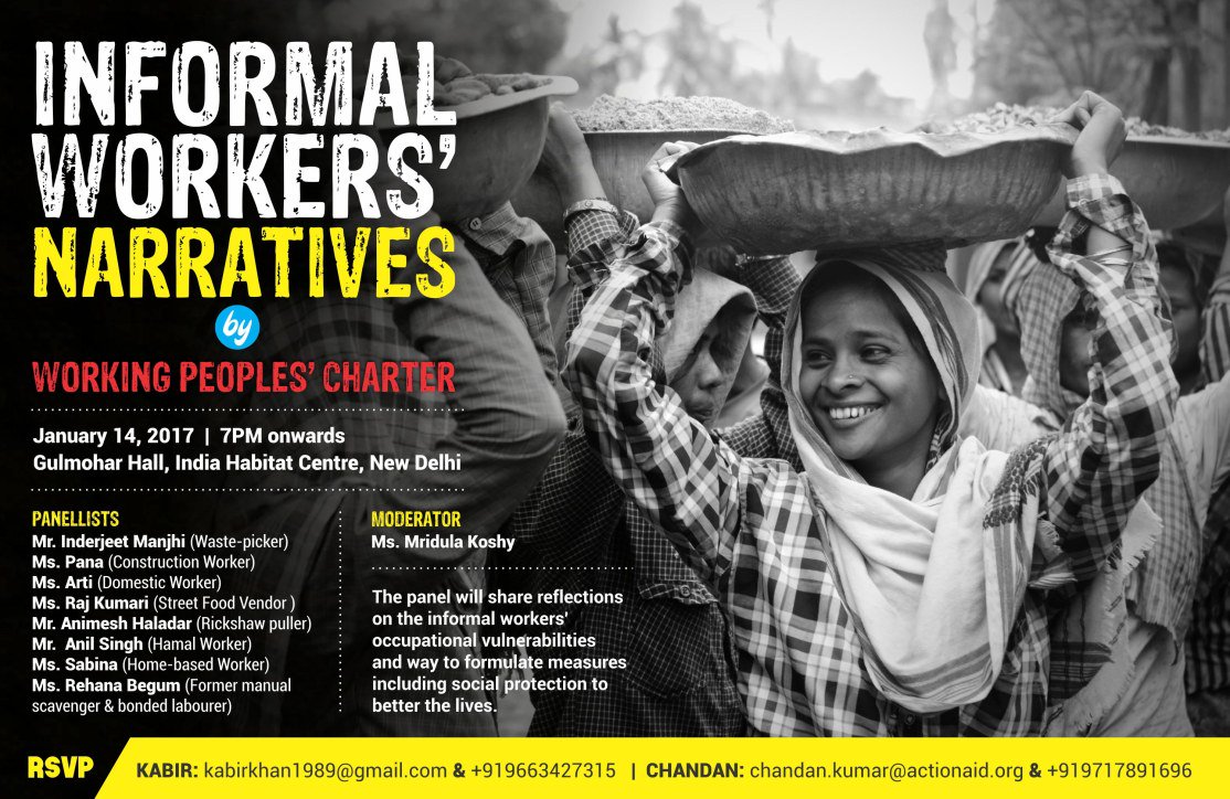 pinkychandran's tweet photo. Joinus for the #Informalworkers #Narratives #WorkingPeoplesCharter #14Jan moderated by @MridulaKoshy 
Lets #learn #unlearn our understanding of #informal &amp; #informality. They constitute morethan 90%of our workforce yet their narratives are unheard their #imagination #Invisible https://t.co/JGdOl3uSrv
