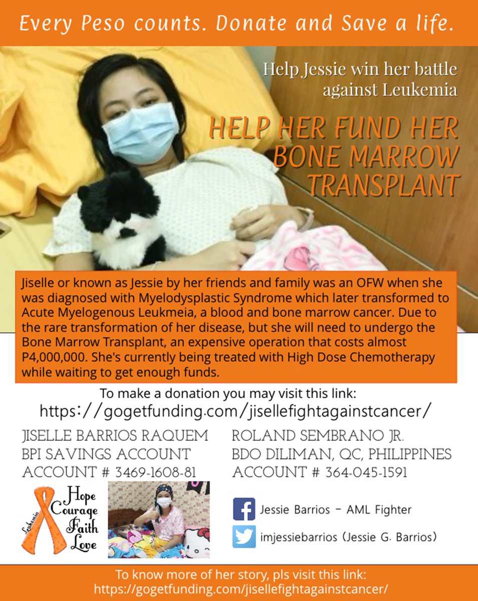 Hi po! I need your help po. I am a cancer victim and in need of Bone Marrow Transplant asap. Sana matulungan niyo po akong makapagraise ng funds for my transplant. a simple RT is such a great help. Maraming salamat po

donate here: goo.gl/mrMvX5