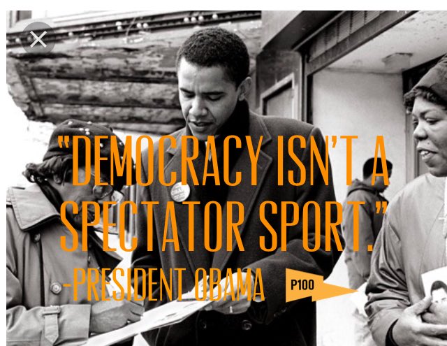 project100women's tweet photo. “Democracy isn’t a spectator sport.” Tag us in a photo of what you and other grassroots activists are doing this weekend to help a @proj100women candidate win, and we’ll RT. https://t.co/CJefxYUAnj