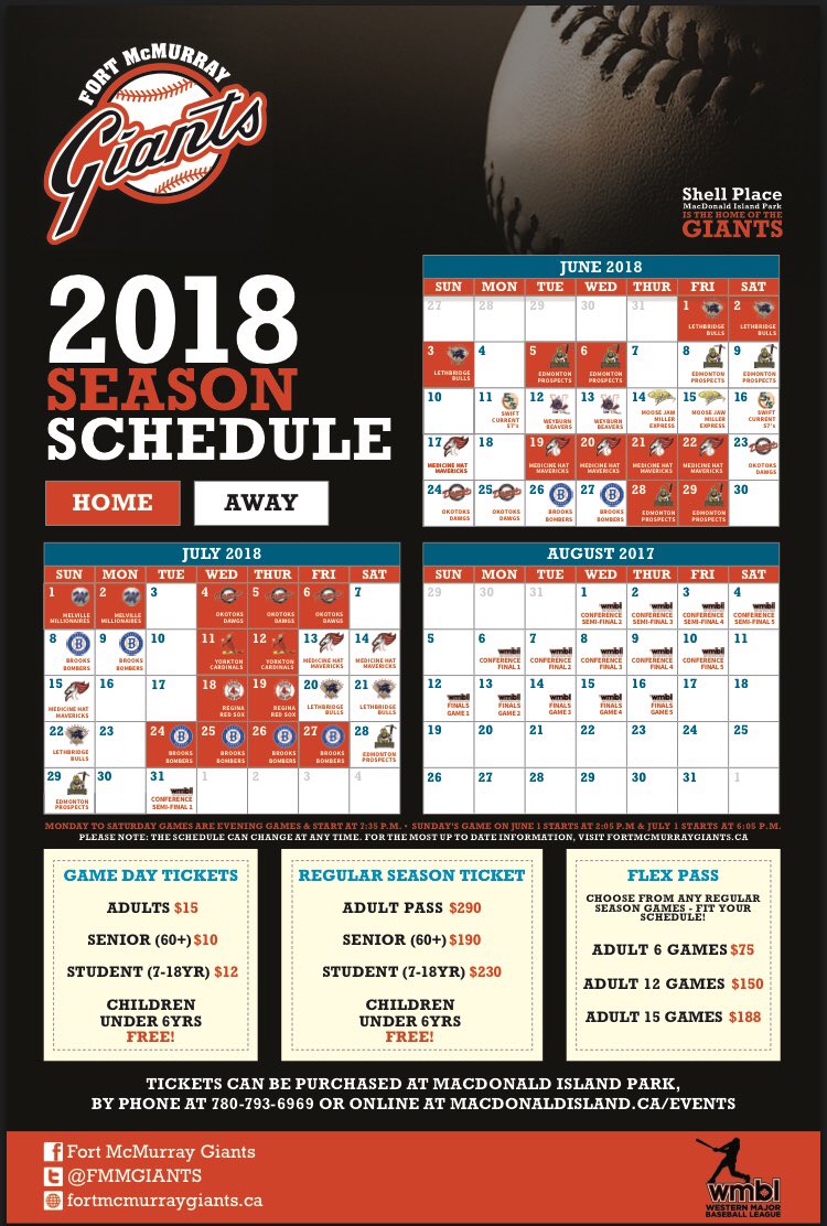 FortMacGiants's tweet photo. Here it is folks!! 

The Giants push for the WMBL playoffs starts June 1st! 

Here is All your information so you can start planning your summer at the ballpark with the Giants!! 
We can’t wait to see everyone at the ballpark its going to be a great summer! 

Go Giants Go!! #YMM https://t.co/32sSMkg4tV