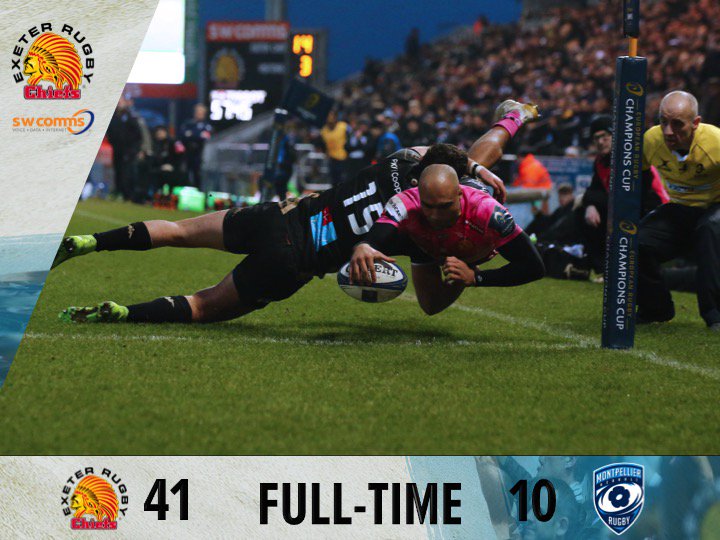 Exeter Chiefs (@exeterchiefs) on Twitter photo FULL TIME: <a href="/ExeterChiefs/">Exeter Chiefs</a> 41 <a href="/MHR_officiel/">Montpellier Rugby</a> 10
Report and Reaction to follow shortly
#EXEvMON FULL TIME: <a href="/ExeterChiefs/">Exeter Chiefs</a> 41 <a href="/MHR_officiel/">Montpellier Rugby</a> 10
Report and Reaction to follow shortly
#EXEvMON
