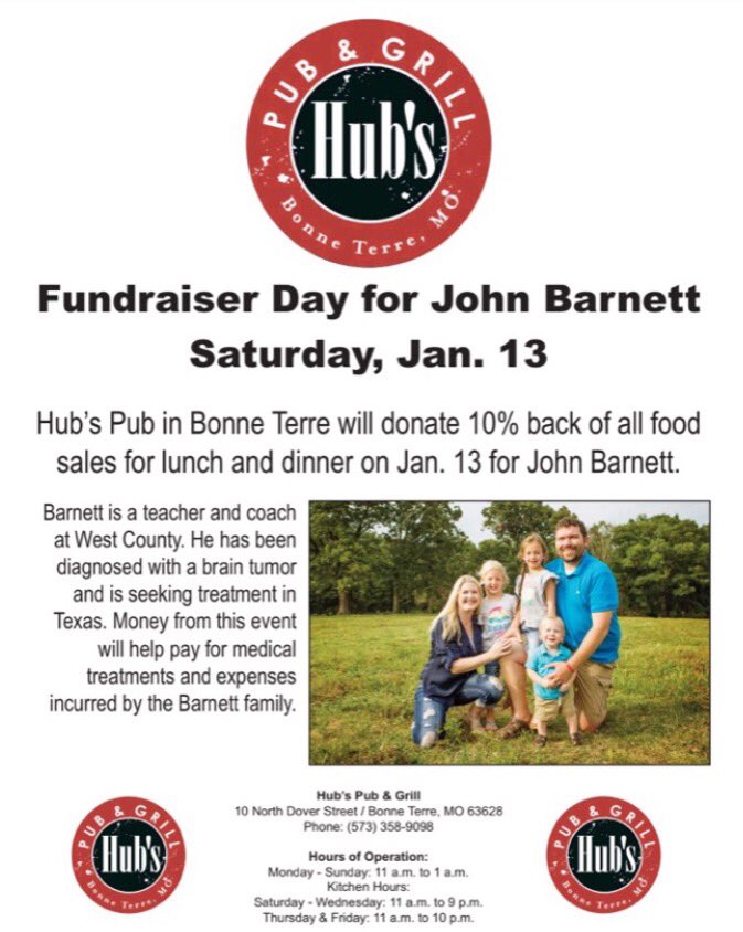 KFMOsportsBB's tweet image. Fundraiser today at Hubs Pub &amp;amp; Grill in Bonne Terre for WC's John Barnett. Come out and support a member of the local sports family. @HubsPubandGrill