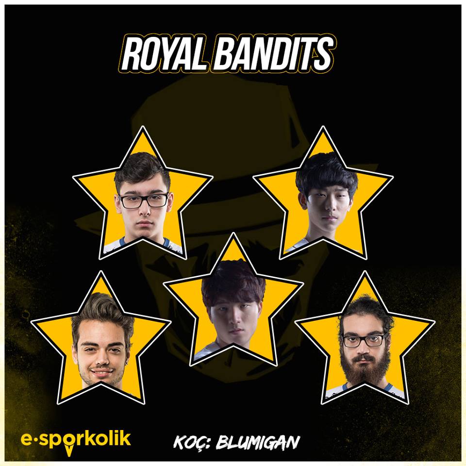 #ŞL2018 ROYAL BANDITS | Çoğu otoriteye göre ligin en güçlü kadrosuna sahipler.

🇹🇷️ Broken Blade 
🇰🇷️ Malrang 
🇰🇷️ Cepted 
🇹🇷️ HolyPhoenix
🇹🇷️ Dumbledoge

💬 Sizce Royal Bandits #ŞL2018'de neler yapacak?