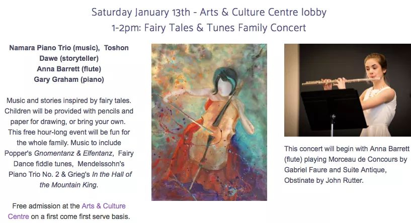 WintertideFest's tweet photo. Fairy Tales &amp; Tunes, a free concert for all ages, is happening TODAY (Saturday) at 1pm Arts and Culture Centre - Corner Brook lobby - Namara Trio (piano, violin, cello), Toshon Dawe (stories), Anna Barrett (flute), Gary Grahama (piano). https://t.co/6lnpkkAVn9