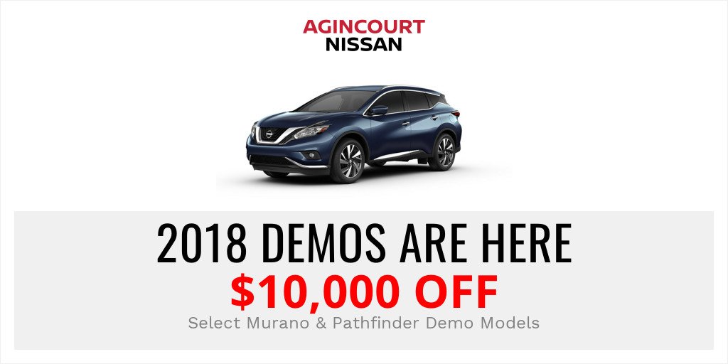 AgincourtNissan's tweet photo. Limited Time Offer โ $10,000 OFF a 2017 #Murano #Platinum Demo, or 2018 #Pathfinder #Platinum Demo.
Start Shopping Now https://t.co/M8Aa0T4tNR
#Nissan #limitedtimeoffer #amazingdeal #heatedseats #cruisecontrol #Boseaudio #Agincourt #Scarborough #Markham #Toronto https://t.co/EeMrrN94mQ