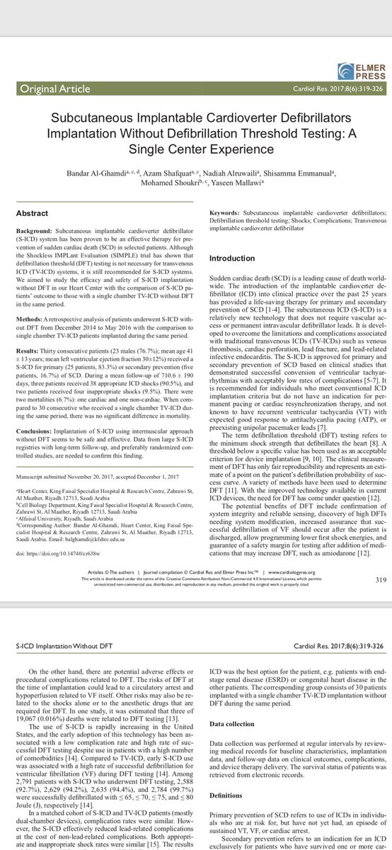 AschacherMd's tweet photo. Subcutaneous Implantable Cardioverter Defibrillators Implantation Without Defibrillation Threshold Testing: A Single Center Experience. Cardiol Res. 2017;8(6):319-326
doi: https://t.co/hlRy5AeXyl https://t.co/vSXaLoBCwv