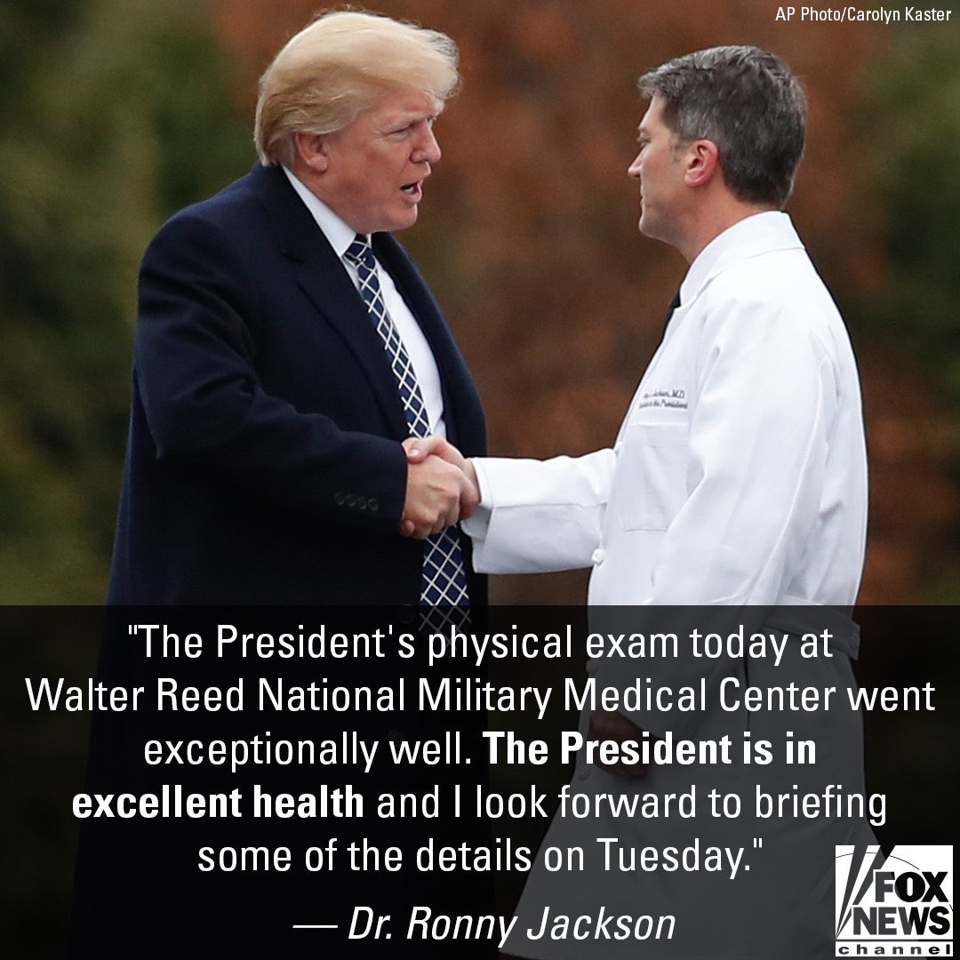 SierraWhiskee's tweet image. "The President's physical exam today at Walter Reed National military Medical Center went exceptionally well. The President is in excellent health and I look forward to briefing some of the details on Tuesday." ~Dr. Ronny Jackson