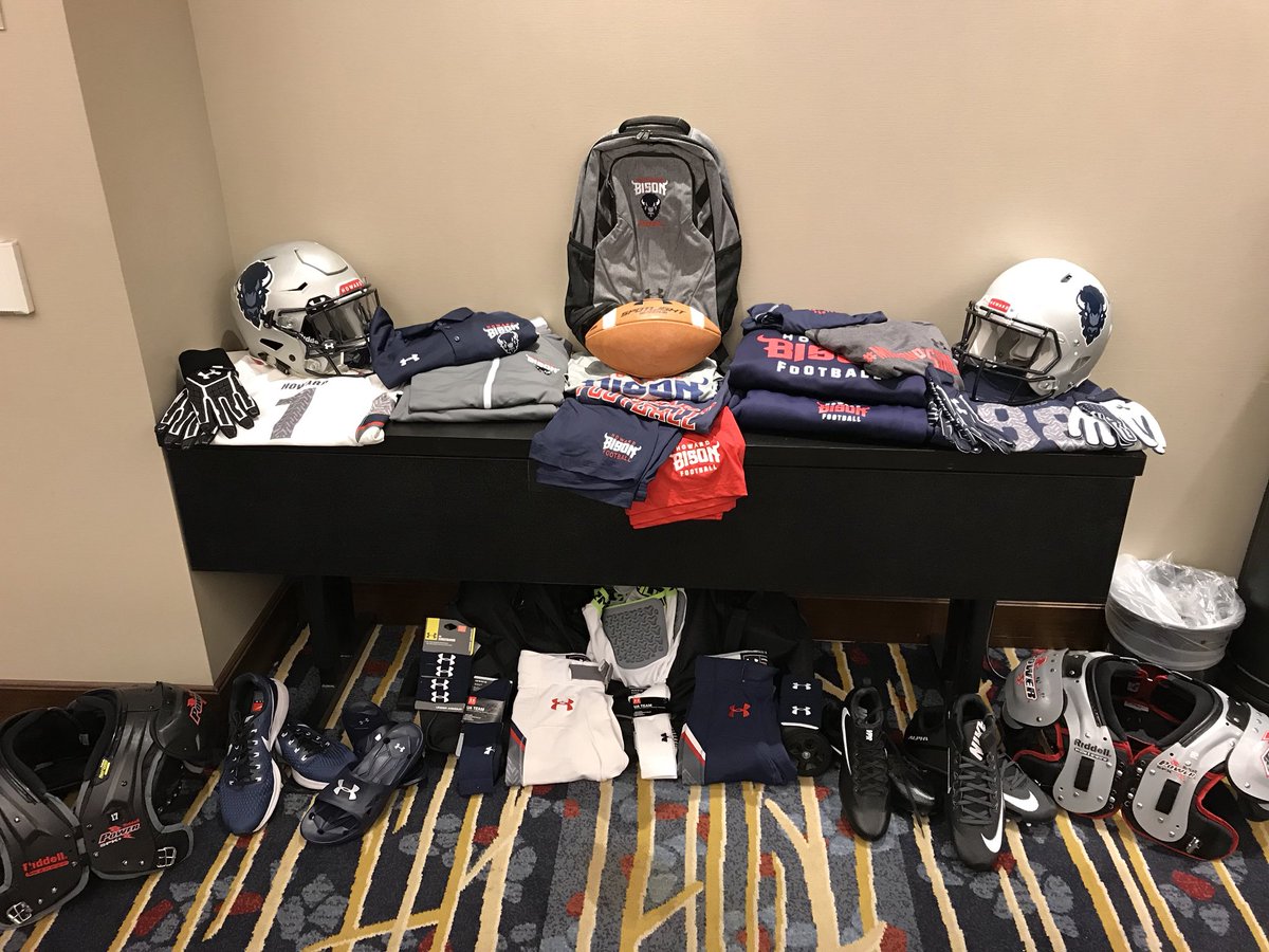 HUBisonEquip's tweet photo. Another #recruitingweekend about to start for @HUBISONFOOTBALL The swag table ready to go, even with a sneak peek at some NEW 2018 #bisonswag. Thanks to @Marriott for hosting us! #missionpossible https://t.co/8EbKXFUjXH