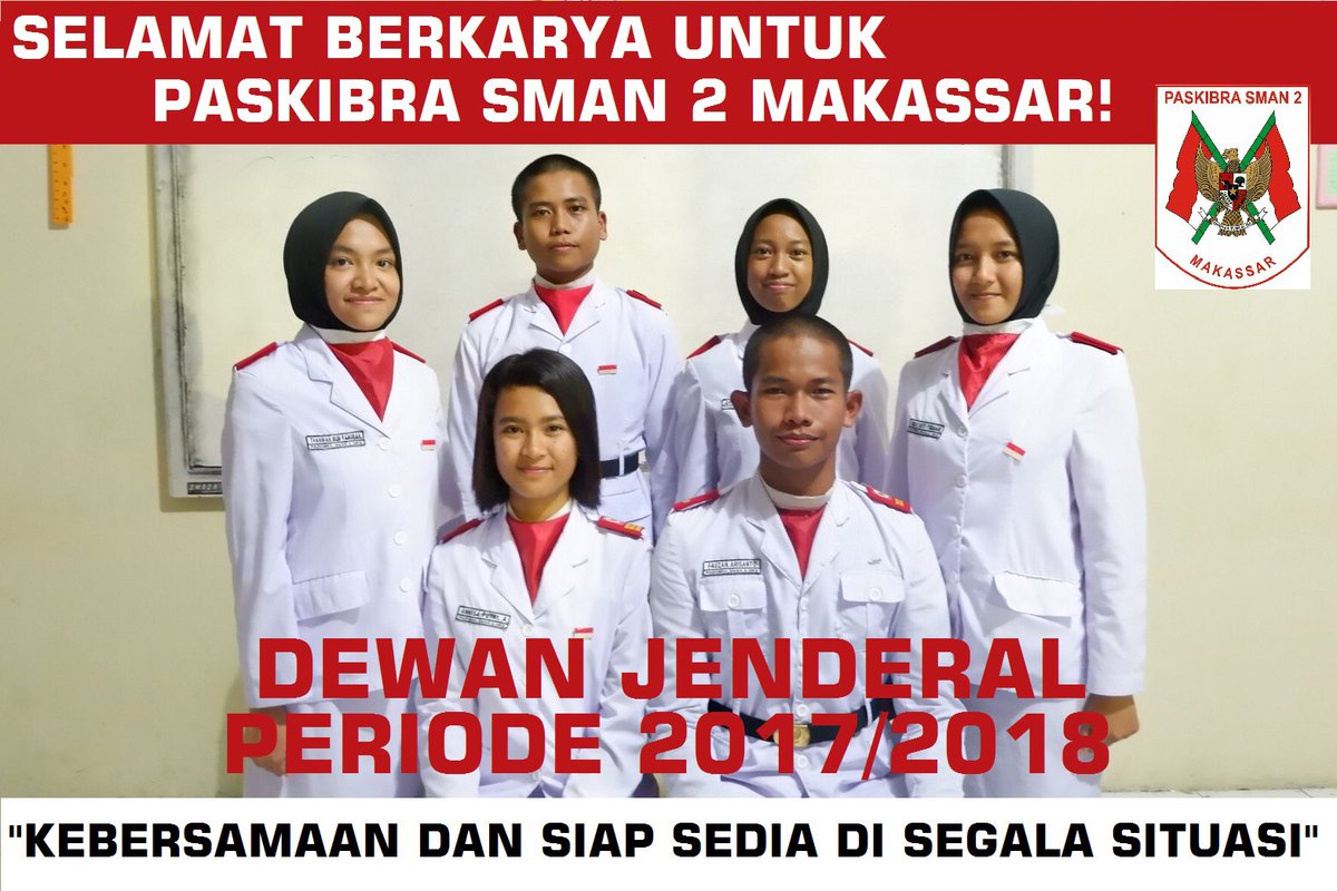 Assalamu alaikum, Syalom, Om Swastiastu.

Selamat kepada kakak-kakak dan adik-adik yang terpilih sebagai Dewan Jenderal Paskibra SMAN 2 Makassar Periode 2017/2018. Semoga dapat menjalankan tugas dan tanggungjawabnya dengan baik dan benar!✨
------------------------------------