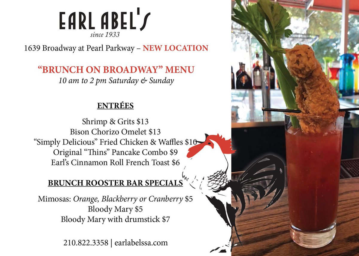 EarlAbels's tweet photo. Looking for a new brunch spot this weekend? Come see us at our new location, right outside of the pearl! With brunch special entrees and drinks from our unique Rooster Bar, it’ll be a perfect brunch to start your weekend! ����🍹😋#brunchsanantonio #brunch #earlabels https://t.co/9u6zELzpXr