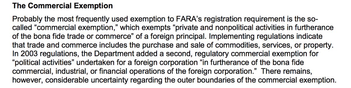 First, there's the "commercial exception," which is like, "Wait, I work for Toyota on an ad campaign. I'm not really a Japanese agent, right?" Sure. And about that.