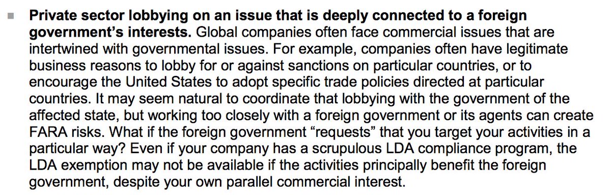 Is someone asking you to lobby or do strategic communications on an issue a nation-state has an interest in? Like, are you doing PR for "How unfair it is some *cough*Russia*cough* countries can't get fracking equipment?"That's FARA territory.