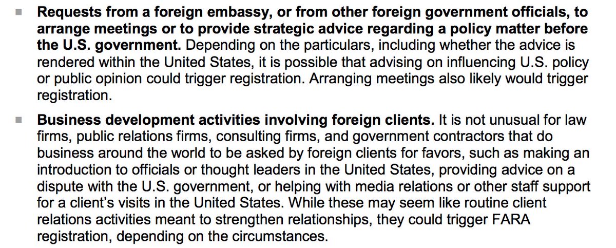 Also: Did you meet with Sergey Kislyak? Come on, don't be an idiot. Also: Do you foreign clients want a "favor" contacting US Government officials? Don't be an idiot. That's FARA.