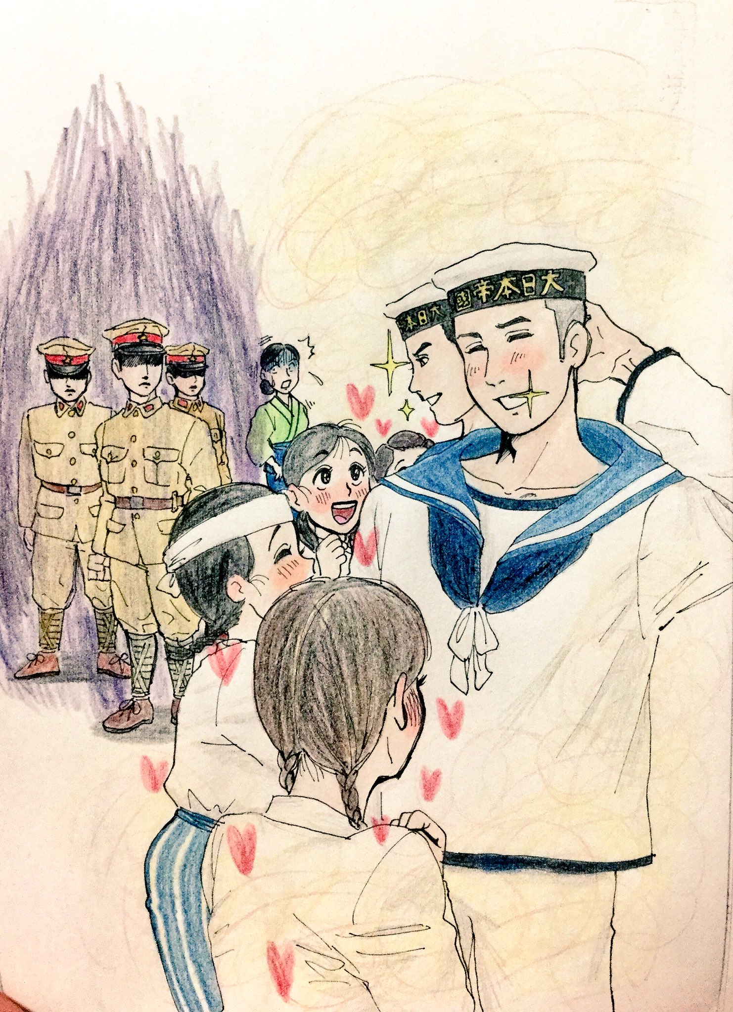 おすけ 陸に上がつて來た海軍兵が女學生に圍まれてゐる所を目擊し 餘りの羨ましさに負のオーラを隱せない陸軍兵之圖 絵描きさんとつながりたい イラスト王国 T Co Ki9jnegtpe Twitter