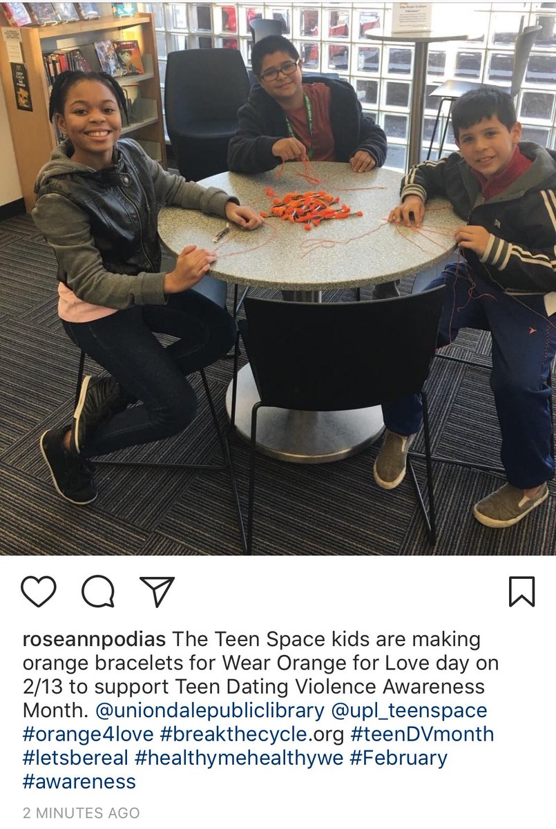 RoseannPodias's tweet photo. Uniondale Teen Space kids are making orange bracelets to give out in February for National Teen Dating Violence Prevention Month https://t.co/n5CcRpy5Ez