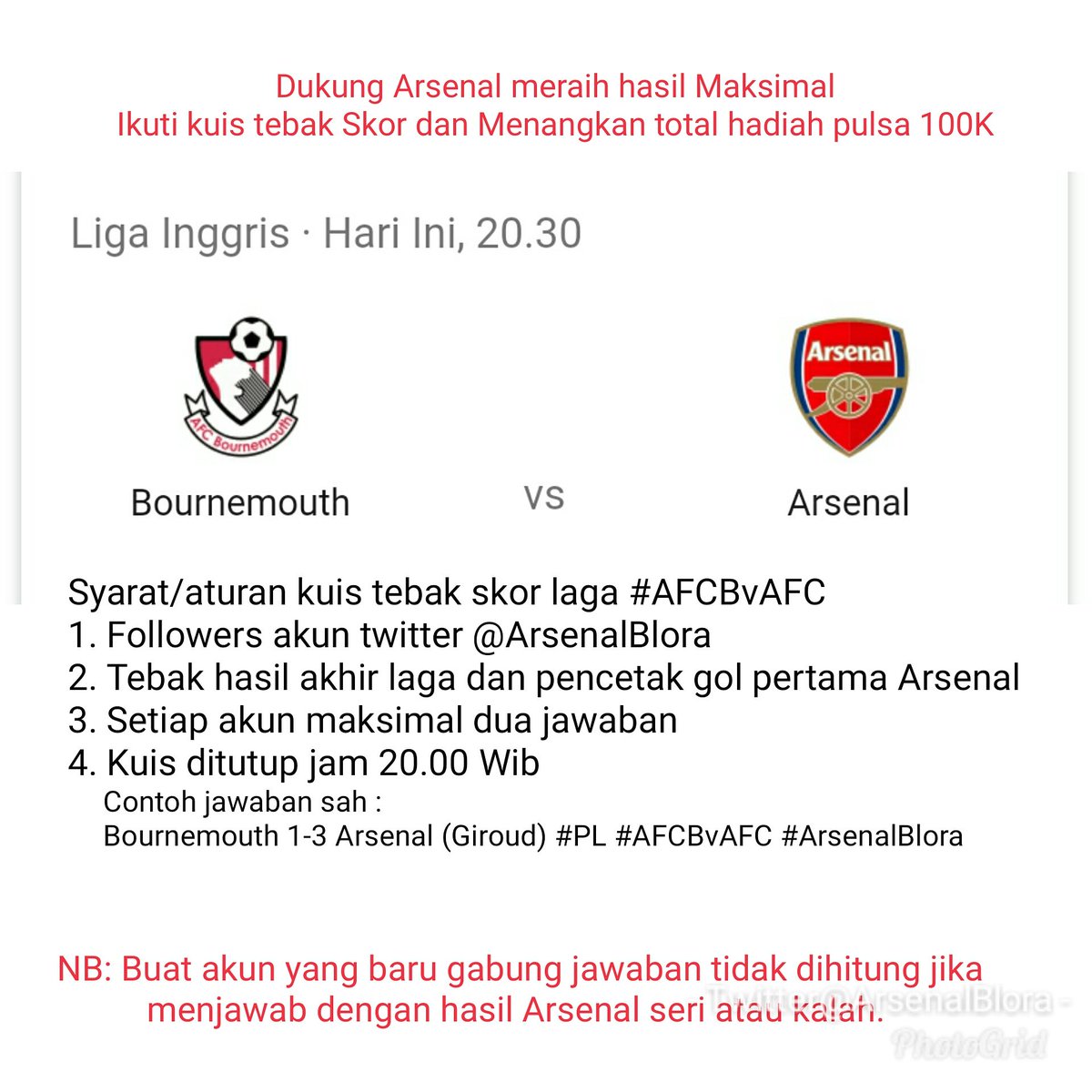 ArsenalBlora's tweet photo. Yang merasa fans sejati Arsenal yuk dukung tim meraih #3Points serta ikuti kuis tebak skornya. Ada total hadiah pulsa 100K bales tweet ini dan ikuti aturannya. 👇 https://t.co/V4LKsz6jXy