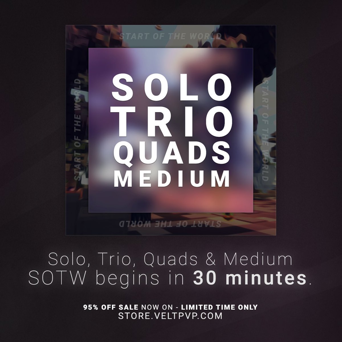 VeltPvP's tweet image. SOTW for Solo, Trio, Quads, and Medium is in 30 Minutes.

A Christmas Key All will take place at 3:00 PM EST. 

Pearling through string and open fence gates is enabled on Trio and Medium.

Retweet &amp;amp; Follow us for a chance to win a Velt+ rank! ♥️