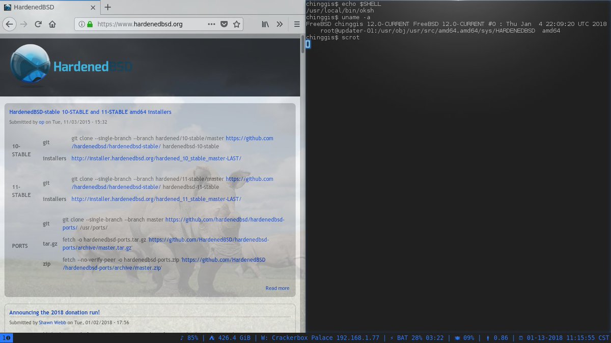 SoloBSD's tweet photo. Just installed @__briancallahan 's oksh on my #HardenedBSD laptop, compiled with #PIE and #RELRO support. Working like a charm! @lattera https://t.co/KJFdZBoaO8