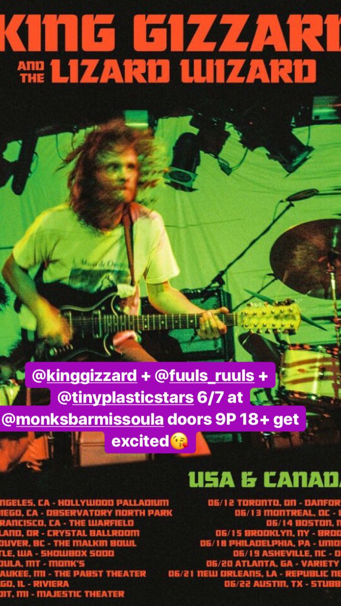 NotoriousStyles's tweet photo. @kinggizzardband plays @MonksMissoula 6/7 with Fuuls + Tiny Plastic Stars 18+ doors 9P!  Get your tix https://t.co/TK6vZY5QW5 #kinggizzard #legends #livemusic #Missoula https://t.co/fbLRz5HMeR