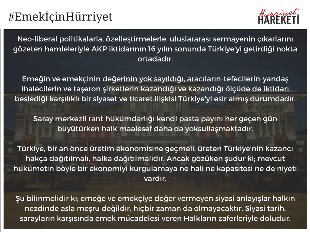 hurriyethareket's tweet photo. #EmekİçinHürriyet

Emeğe ve emekçiye değer vermeyen siyasi anlayışlar halkın nezdinde asla meşru değildir, hiçbir zaman da olmayacaktır. Siyasi tarih, sarayların karşısında emek mücadelesi veren Halkların zaferleriyle doludur. https://t.co/7OO6RbI9A4