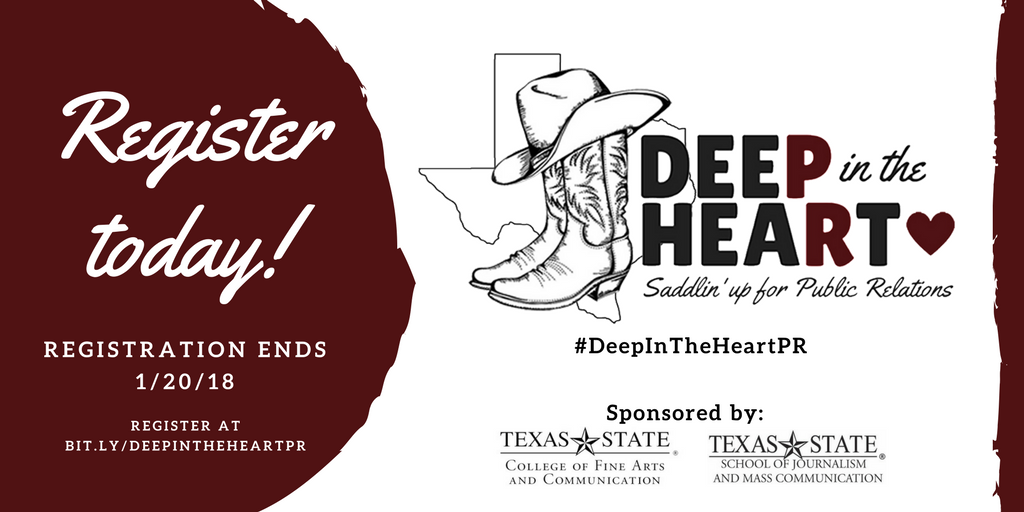 SaddlinUpForPR's tweet photo. There's one week left to register for #DeepInTheHeartPR! Join public relations students from across the region for a weekend of professional development and guest speakers. Register at https://t.co/AezHjw9lhd. #PRSSA #TXST @sjmctxst @TXSTFAC https://t.co/yKXQWhBtuB