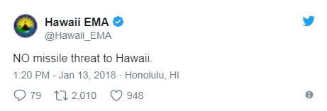 ABC's tweet photo. JUST IN: Hawaii Emergency Management Agency tweets there is no missile threat to Hawaii, after residents allegedly received emergency alert warning of an incoming ballistic missile. https://t.co/QgXfpOiBaf