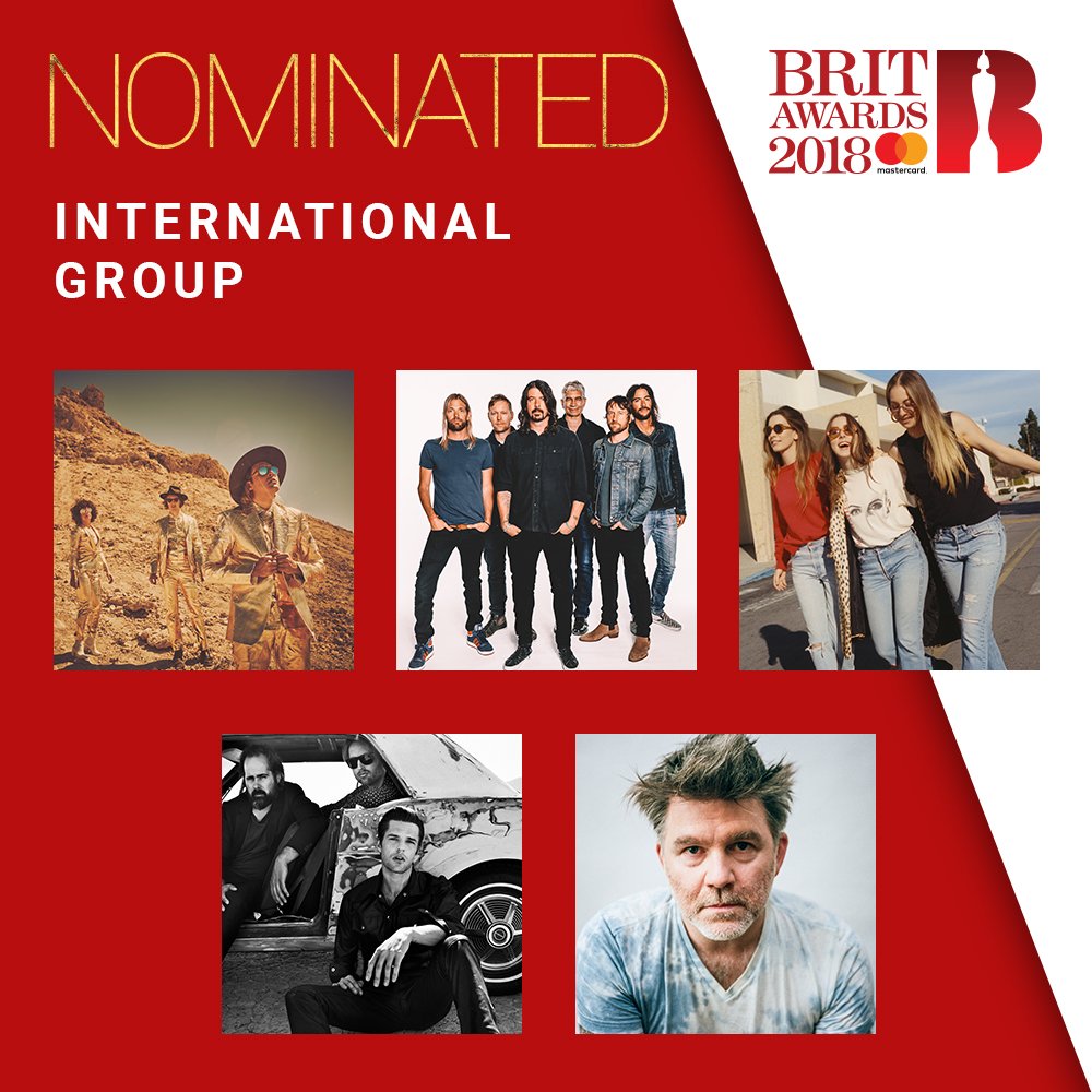 BRITs's tweet photo. The nominees for #BRITs 2018 International Group are:

💕 @arcadefire
💕 @foofighters
💕 @HAIMtheband
💕 @thekillers
💕 @lcdsoundsystem

Listen to the BRITs International Group @AppleMusic playlist here: https://t.co/slfVSigRf8 https://t.co/yPLfe0Mj4w