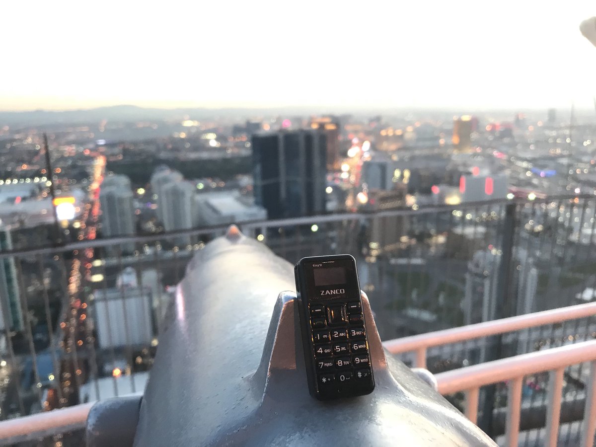 twsphone's tweet photo. Whilst in #lasvegas the worlds smallest phone took a ride up the #stratosphere to enjoy the views. Still a few days left to get your own Zanco #tinyt1 mobile phone from #Kickstarter https://t.co/XFeqhKHn4F https://t.co/i90w9mNbGK