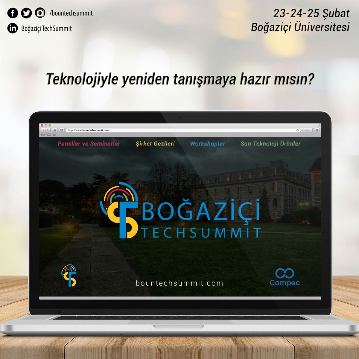 BounTechsummit's tweet image. 23-24-25 Şubat’ta, Boğaziçi Techsummit’18’de teknolojiyle yeniden tanışmaya hazır mısın? Teknolojinin son trendlerini konu alan panel ve seminerler, şirket gezileri, workshoplar ve fuaye alanında teknolojik ürünler ve sınırsız networking seni bekliyor. #compec #bountechsummit