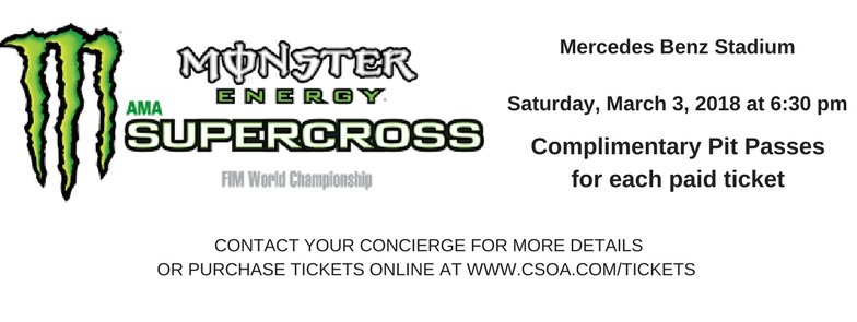 concierge_atl's tweet photo. VROOOOOOM!!!! Start your engines! Monster Energy Supercross at the Mercedes Benz Stadium on Saturday, March 3, 2018 at 6:30 pm. Complimentary Pit Passes for each paid ticket! #ASKCSOA #CSOATLANTA #INTHEKNOW #MONSTERENERGY #SUPERCROSS #HAPPENINGS #ATLANTAEVENTS https://t.co/aJykyrmZZO