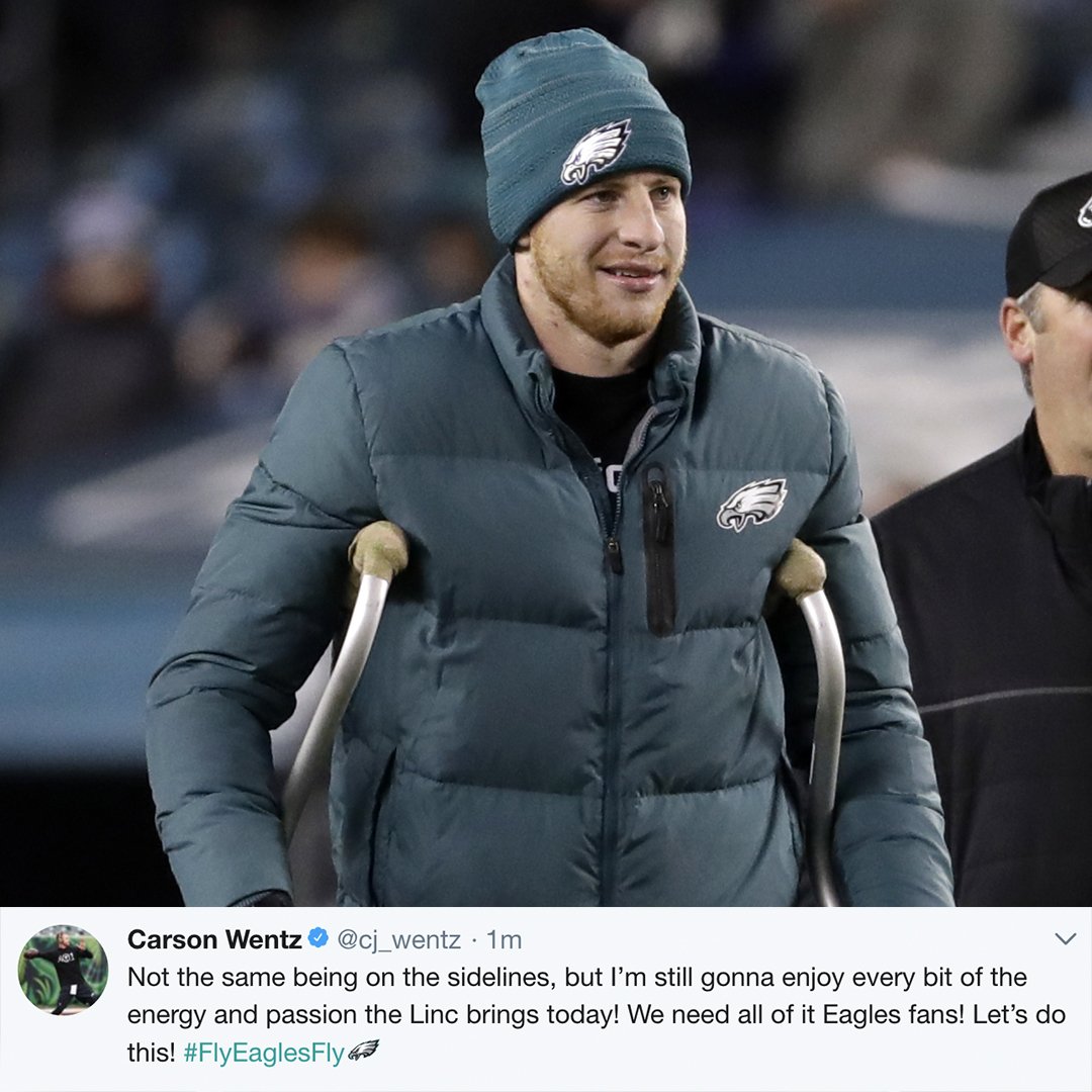 SNFonNBC's tweet photo. Carson Wentz is ready to cheer on his @Eagles in the NFC Divisional Round today. #ATLvsPHI https://t.co/f3f5QC0PT8