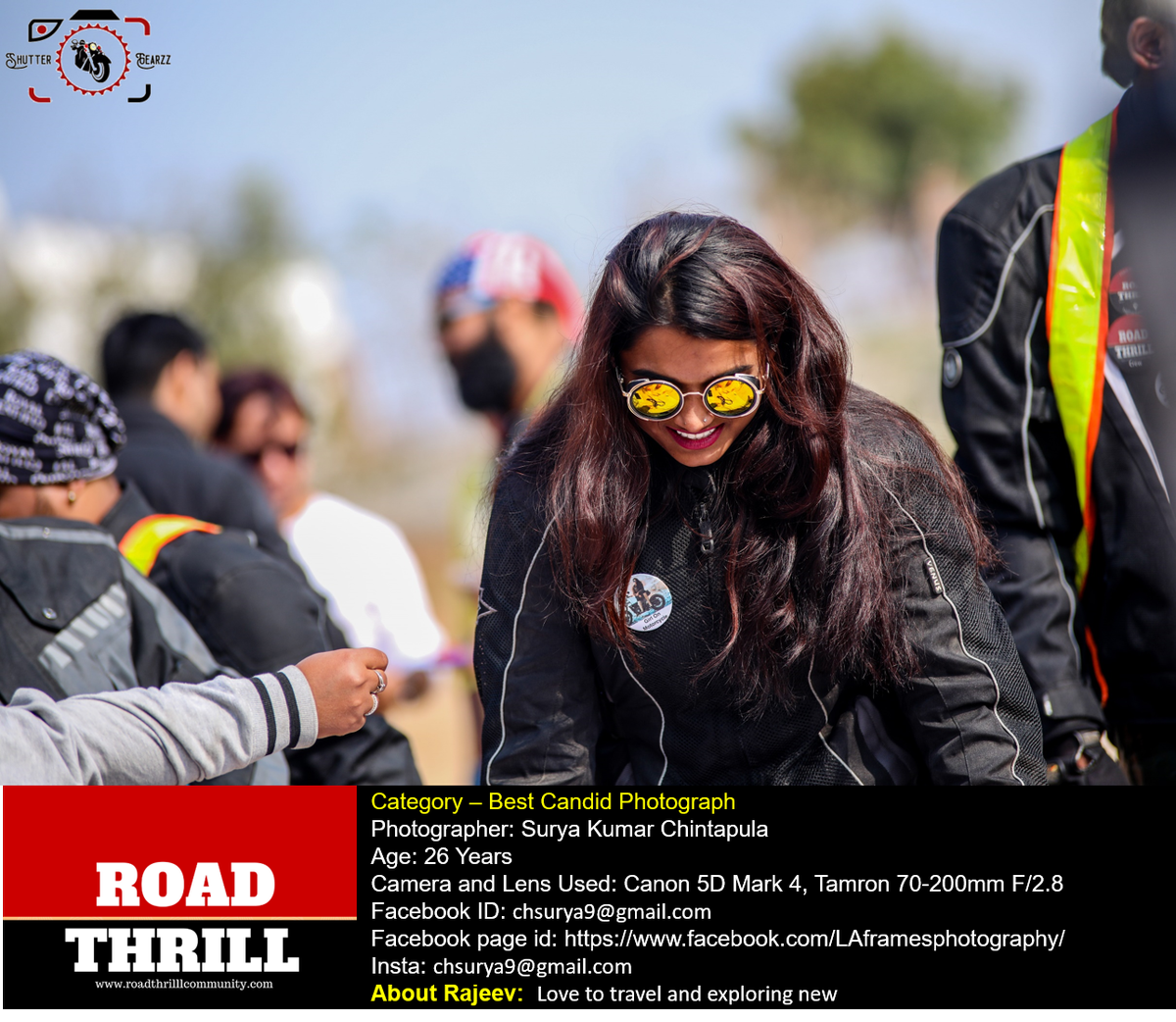 If indeed you must be candid, be candid beautifully

#ShutterGears: Best Candid Photograph

Winner: Surya Kumar
In Picture: Sarvani Kota

CONGRATULATIONS: Surya Kumar 

#RoadThrill
#RTHyderabad
#TruJet, #RaidaGears, #HeadGears #FigoInnovation #GarmeDesignStudio #SunshineHospitals