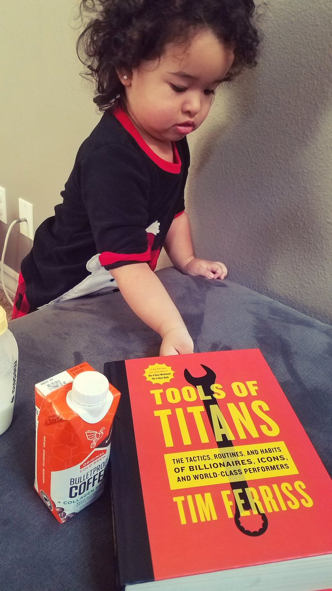 ResilientBobby's tweet photo. A beautiful Saturday with my little love...and noticing she's reaching for some @tferriss wisdom...@bpnutrition @bulletproofexec #teachthemearly #toolsoftitans #wisdom #SaturdayMotivation #coldbrewcoffee #collagen #iambulletproof https://t.co/Gcwtyo37i1