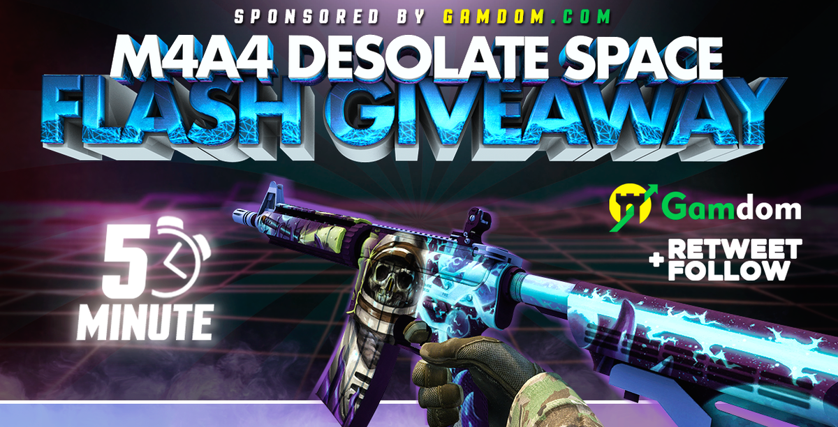 gamdom's tweet photo. ⛈️ Flash Giveaway ⛈️

🎁 Minimal Wear M4A4 | Desolate Space 🎁

✅ Retweet
✅ Follow us
✅ Reply with 2nd, 3rd and 6⃣th character of your "@"Twitter(In Order)

⚡️Winner will be picked in 5 minutes Good luck everyone!⚡️ https://t.co/BDBqQt8rft